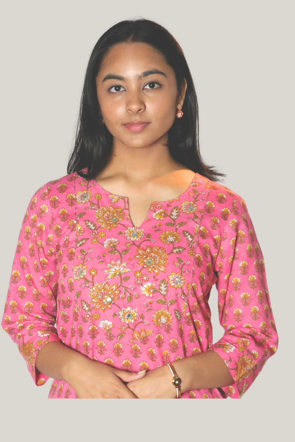 Roohaani Gulabi Floral Straight Cotton Kurta for Women