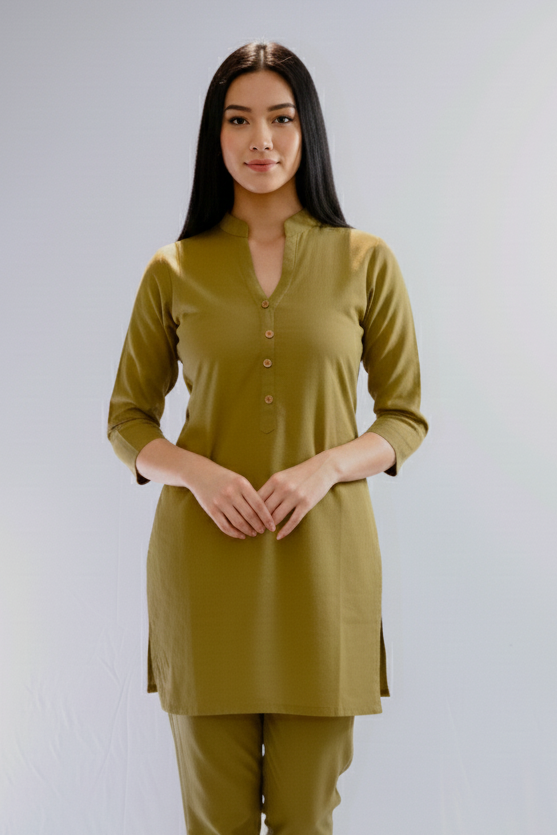Woman wearing a green outfit on a white background